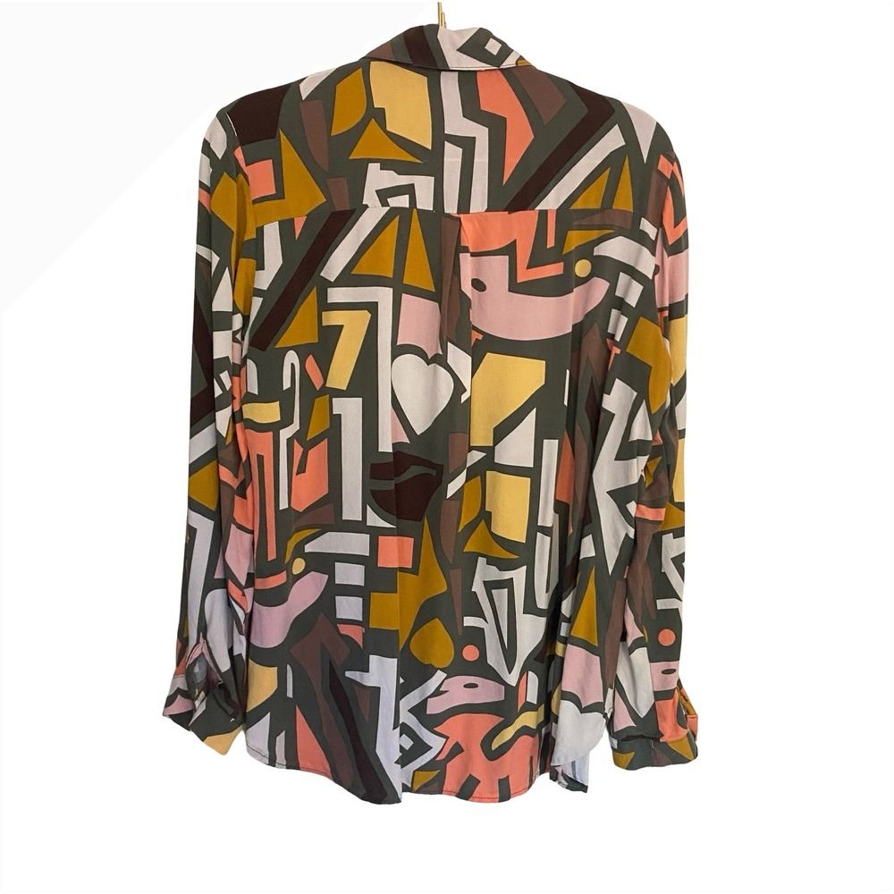 Big Dart Abstract Geometric Button Up Blouse Multicolor Viscose Size 10 - Picture 2 of 9